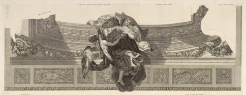 Two winged female figures with a shield, Apotheosis of Hercules, Le Brun, Charles, 1619-1690, Surugue, Louis, ca. 1686-1762