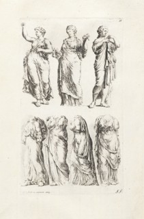 Seven draped female statues, Paradigmata graphices variorum artificum, Bisschop, Jan de, 1628-1671, Heemskerk, Martin van, 1498