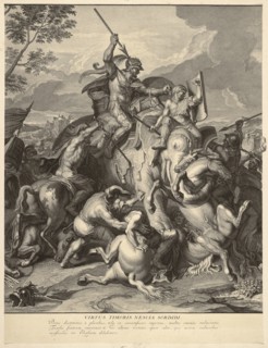 Porus in battle: center sheet, Le Brun, Charles, 1619-1690, Picart, Bernard, 1673-1733, Etching, engraving, black-and-white