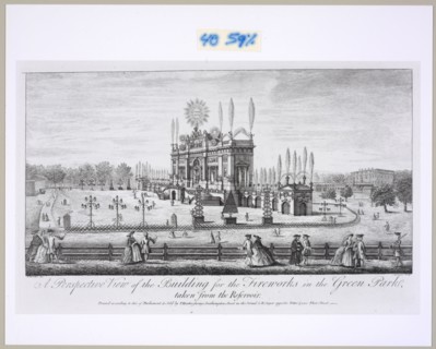A perspective view of the building for the fireworks in the Green Park, taken from the reservoir, Angier, Paul, Brookes, P