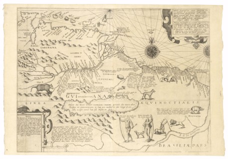 Tabula geographica nova omnium oculis exibens et proponens verissimam descriptionem potentissmi et aurisen regni Guiana sub
