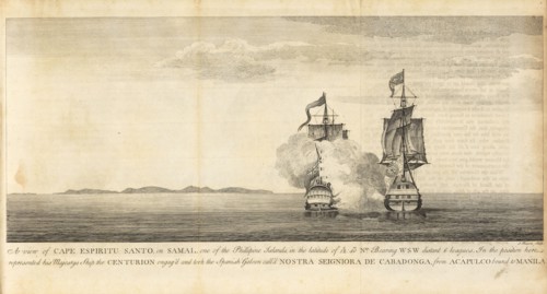 A View of Cape Espiritu Santo, on Samal, one of the Phillipine Islands, A voyage round the world, in the years MDCCXL, I, II