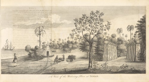 A View of the Watering Place at Tenian, A voyage round the world, in the years MDCCXL, I, II, III, IV by George Anson, Esq