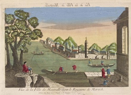 Vue de la Ville de Mantralle dans le Royaume de Maroch, African vues d'optique, Basset, engraving, hand col.