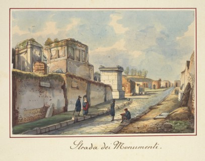 Strada dei monumenti, Pompei, Unknown, Watercolor, ca. 1840?, Tombs outside the Herculaneum Gate