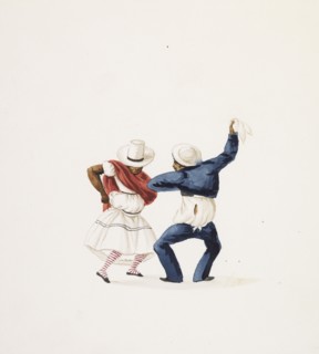 Dancing couple, Costumes of Lima, Peru, Watercolor, ca. 1860, Man in blue suit and woman in white dress