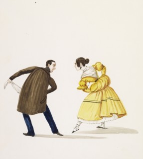 Dancing couple, Costumes of Lima, Peru, Watercolor, ca. 1860, Man in brown coat and woman in yellow dress