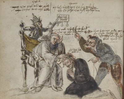 Cartoon mocking Catholic market for indulgences, Handbook with sketches, Hanberg, Hans, 16th century, ca. 1570-1598