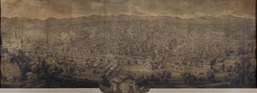 Prospetto di Roma verso ponente, Vasi, Giuseppe, 1710-1782, black chalk and black ink or watercolor on paper, canvas backing