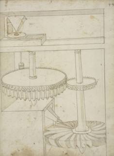 Folio 44 mill powered by horizontal wheel, Edificij et machine MS, Martini, Francesco di Giorgio, 1439-1502, Brown ink and wash