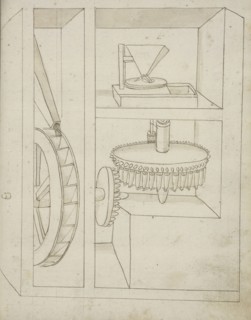 Folio 40 mill with overshot water wheel, Edificij et machine MS, Martini, Francesco di Giorgio, 1439-1502, Brown ink and wash