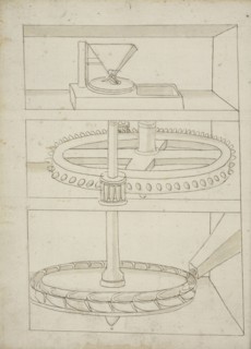 Folio 39 mill with horizontal water wheel, Edificij et machine MS, Martini, Francesco di Giorgio, 1439-1502, Brown ink and wash