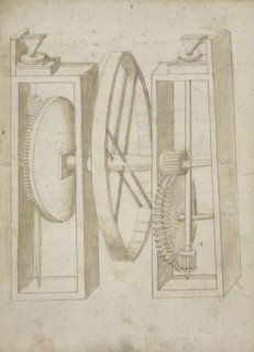 Two mills with wheel between, Edificij et machine MS, Martini, Francesco di Giorgio, 1439-1502, Brown ink and wash on paper