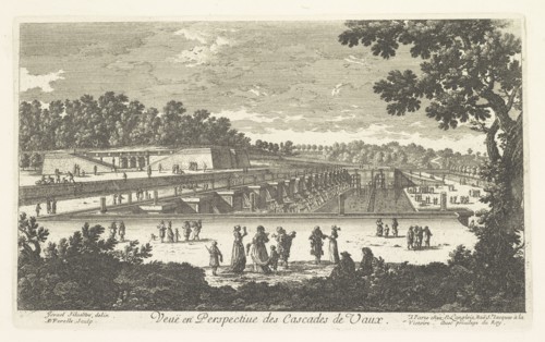 Veue en perspective des cascades de Vaux, Perelle engravings of Paris, royal residences, chateaux of France