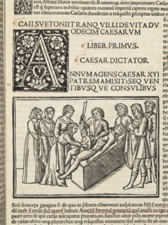 Detail of leaf, 5, recto with illustration depicting Julius Caesar's birth by caesarian section, Suetonius Tranquillus cum