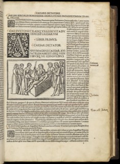 Leaf, 5, recto with illustration depicting Julius Caesar's birth by caesarian section, Suetonius Tranquillus cum Philippi