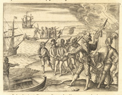 Sir Walter Raleigh taking Antonio de la Hoz Berrío and Alvaro Jorge as prisoners on the Island of Trinidad, Americae pars VIII