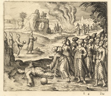 A group of women piercing their hearts with daggers, Americae pars VIII., Bry, Johann Theodor de, 1561-1623?, Engraving, M.DC.