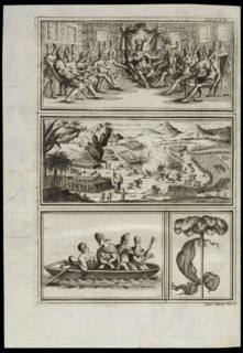 Montezuma and his court receive the Spanish, Battle scene, Indigenous people in a boat, Staff adorned with feathers, Istoria