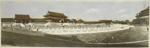 Panoramic view of the first courtyard of the Forbidden City, Beijing, China, LeMunyon, C. E., Hand-colored, oil?, gelatin silver