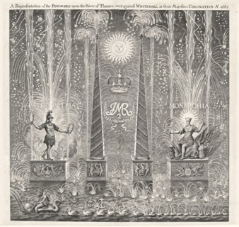 A representation of the fire-works upon the river of Thames, over against Whitehall, at their Majesties coronation Ao. 1685