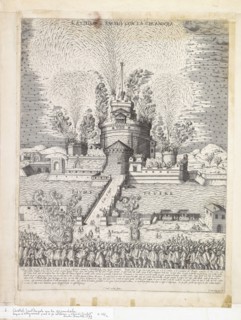 Castello S. Angelo con la girandola, Specvlvm Romanae magnificentiae, Duchet, Claude, ca. 1515-ca. 1565, Engraving, 1579