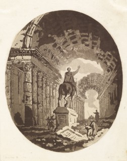 Statue antique, sur un piédestal, entourée de personnages, le tout parmi des ruines, Robert, Hubert, 1733-1808, Saint Non, Jean