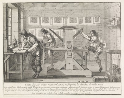Cette figure vous montre comme on imprime les planches de taille douce, Bosse, Abraham, 1602-1676, Etching, black-and-white