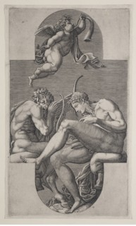 Apollo, Pan, and a putto blowing a horn, Ghisi, Giorgio, 1520-1582, Lafréry, Antoine, 1512-1577, Primaticcio, Francesco, 1504