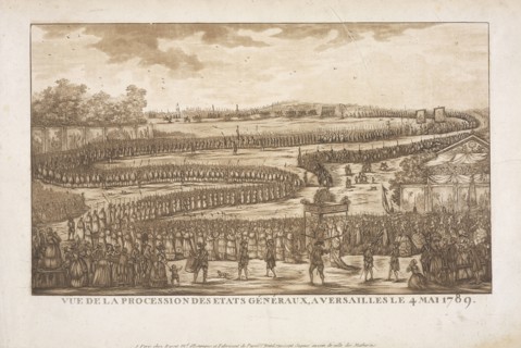 Vue de la procession des Etats généraux, à Versailles le 4 mai 1789, Prints of the French Revolution, Etching, tool work, brown