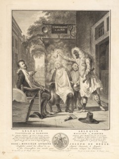 Arlequin magicien and barbier, Italian theater prints, 1758