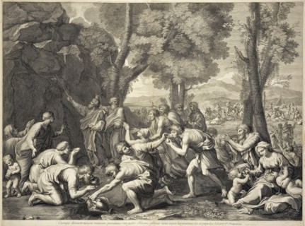Moses striking the rock, print after paintings by Nicolas Poussin, Baudet, Etienne, 1638-1711, Poilly, Nicolas de, 1627-1696