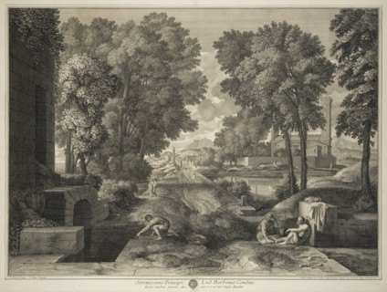 Landscape with a Roman road, print after paintings by Nicolas Poussin, Baudet, Etienne, 1638-1711, Monier, Pierre, 1641-1703
