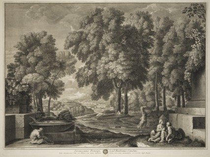 Landscape with man washing his feet at a fountain, print after paintings by Nicolas Poussin, Baudet, Etienne, 1638