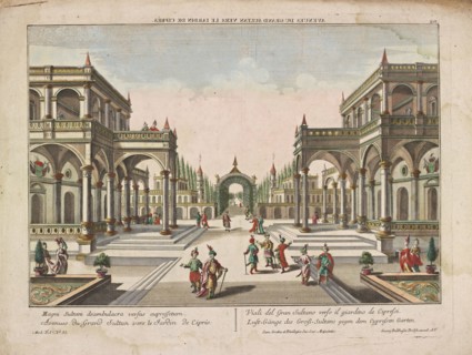 Avenues du Grand Sultan vers le Jardin de Ciprés, European vues d'optique, Probst, Georg Balthasar, engraving