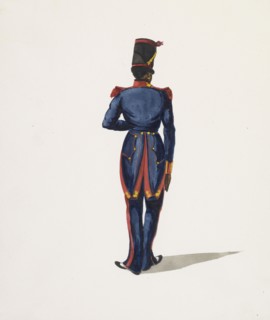 View of soldier in blue uniform from behind, Costumes of Lima, Peru, Watercolor, ca. 1860