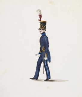 Side view of soldier in blue uniform, Costumes of Lima, Peru, Watercolor, ca. 1860