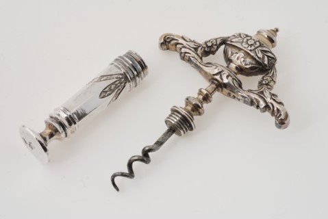 Silver corkscrew with image lid vase, in holder, corkscrew kitchenware utensil silver, die-cast engraved hammered corkscrew