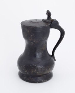 Pewter drinking jug with lid, Drinkware holder tin, cast Horizontal soldered flat bottom raised edge flattened spherical body