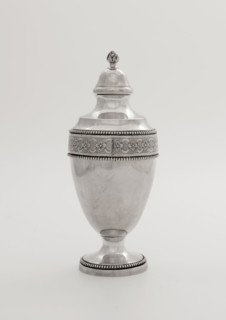 Silver tea caddy, tea caddy holder silver wood, molded engraved Ovoid body on round constricted foot constriction
