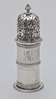 Silver cylindrical sprinkler with openwork lid, scatterer crockery holder silver, cast sawn engraved Cylindrical body on flat