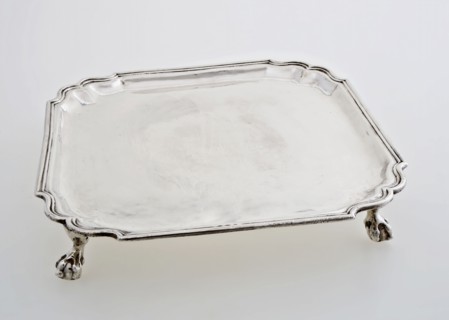 Silver tray on legs, tray top holder silver, hammered cast Smooth square top with brace-shaped corners angled profiled outer