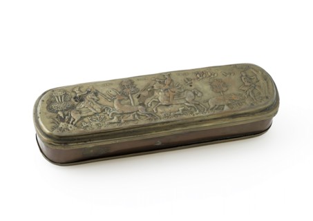 Copper tobacco box with face on Rotterdam, tobacco box holder metal copper brass, stamped technique inserted Narrow box