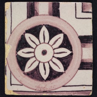 Square purple corner edge tile with rosette in circle, border tile wall tile tile sculpture ceramic earthenware glaze, baked 2x