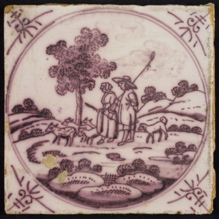 Scene tile, shepherd and shepherdess with sheep, corner motif ox's head, wall tile tile sculpture ceramics pottery glaze, baked