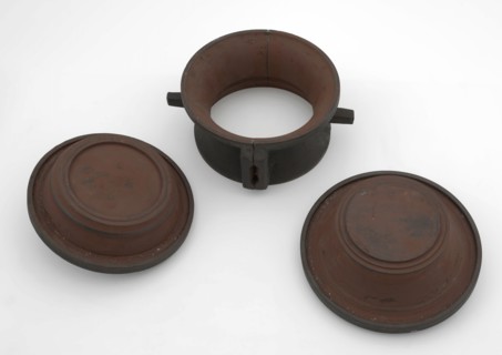Four-piece bronze mold for neck of jug or jar with initials JVDP and 1752, mold casting tool tools equipment base metal bronze