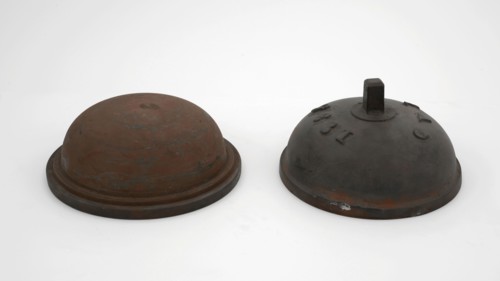 Two-piece bronze mold for medium-sized tap jug with initials JAD and 1835, cast molding tools tool kit metal bronze, cast