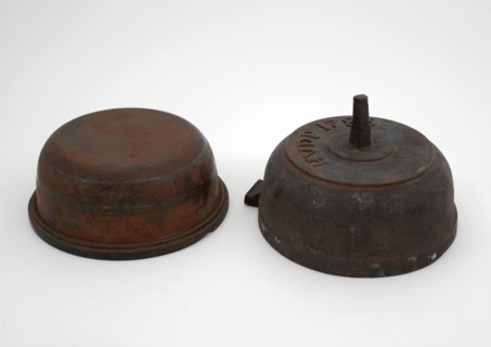 Two-piece bronze mold for bottom of chamber pot with initials HVDP and 1783, mold casting tool tools equipment metal