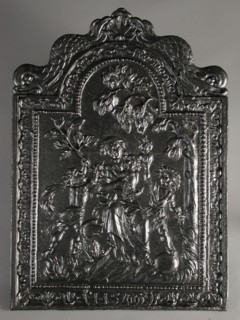 Fireback woman with three children receives branch, year 1665, H S, fire place h 82.6, living environment interior heating
