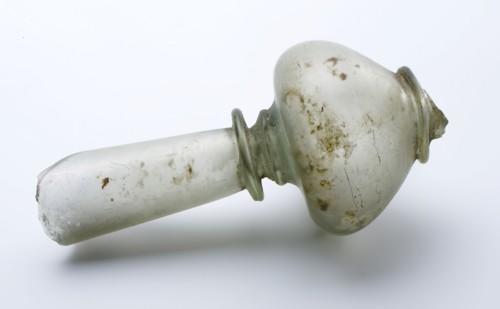 Fragment of goblet, probably flute glass, flute glass? drinking cup drinking utensil holder soil find glass, free blown